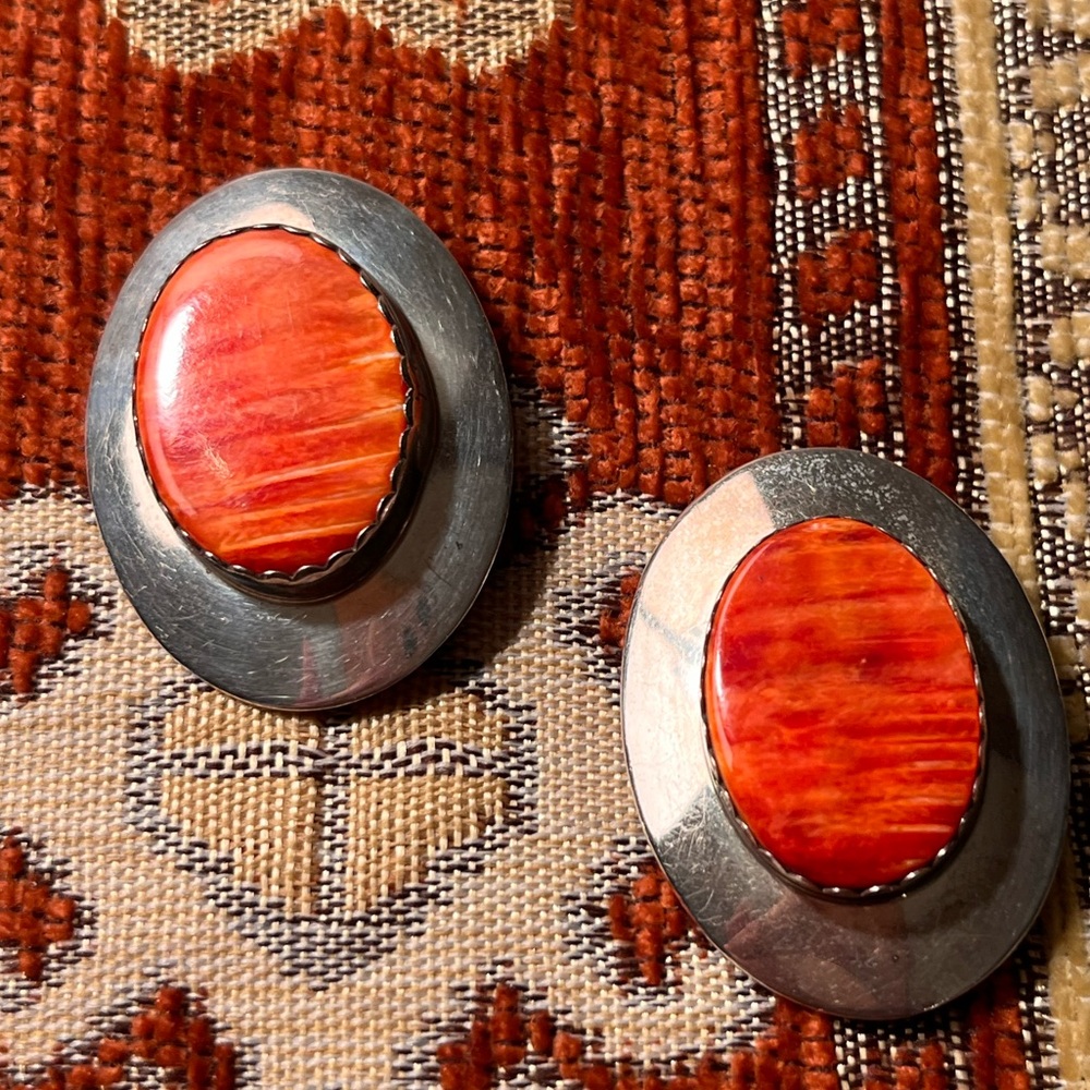 Sterling and Spiny Oyster Earrings Signed RH Randie Hoskie Native American